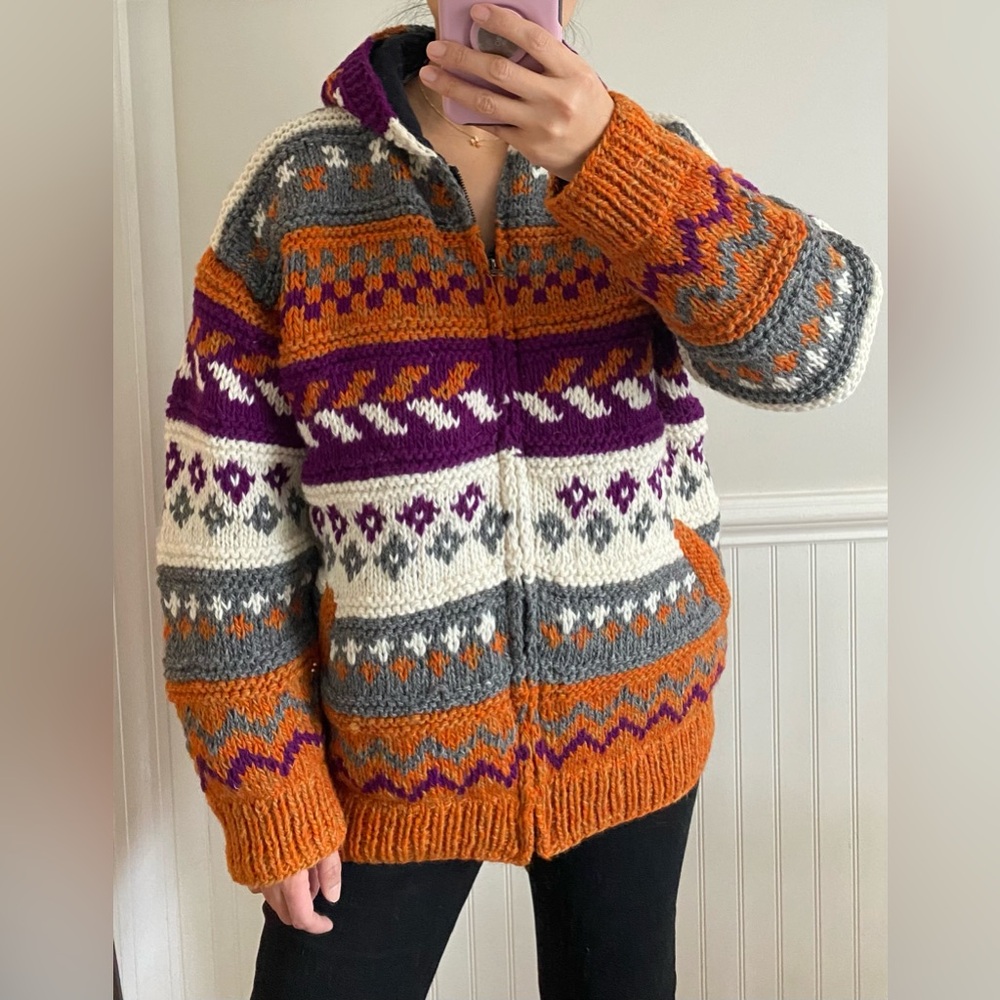 Handmade Nepal  Hymalayan Zip-Up 100% Wool| Fully Lined Hooded Cardigan | M